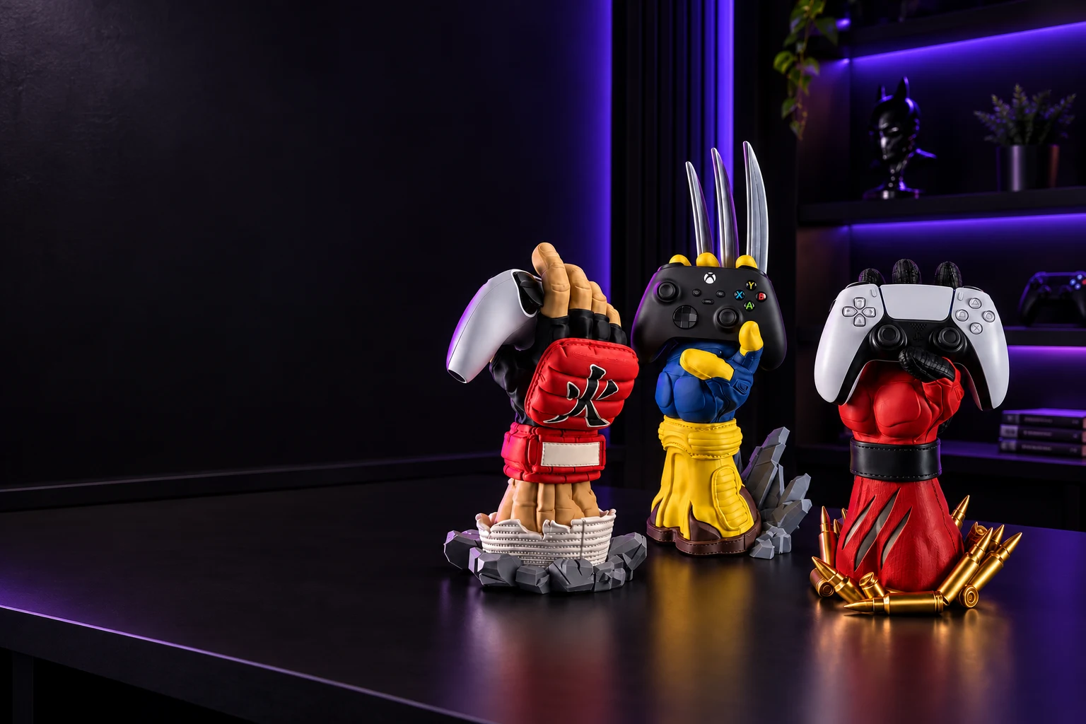 Suportes de controle Ryu, Wolverine e Deadpool em um ambiente gamer