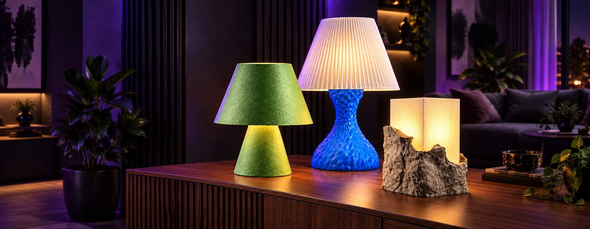 Três luminárias acesas em uma sala